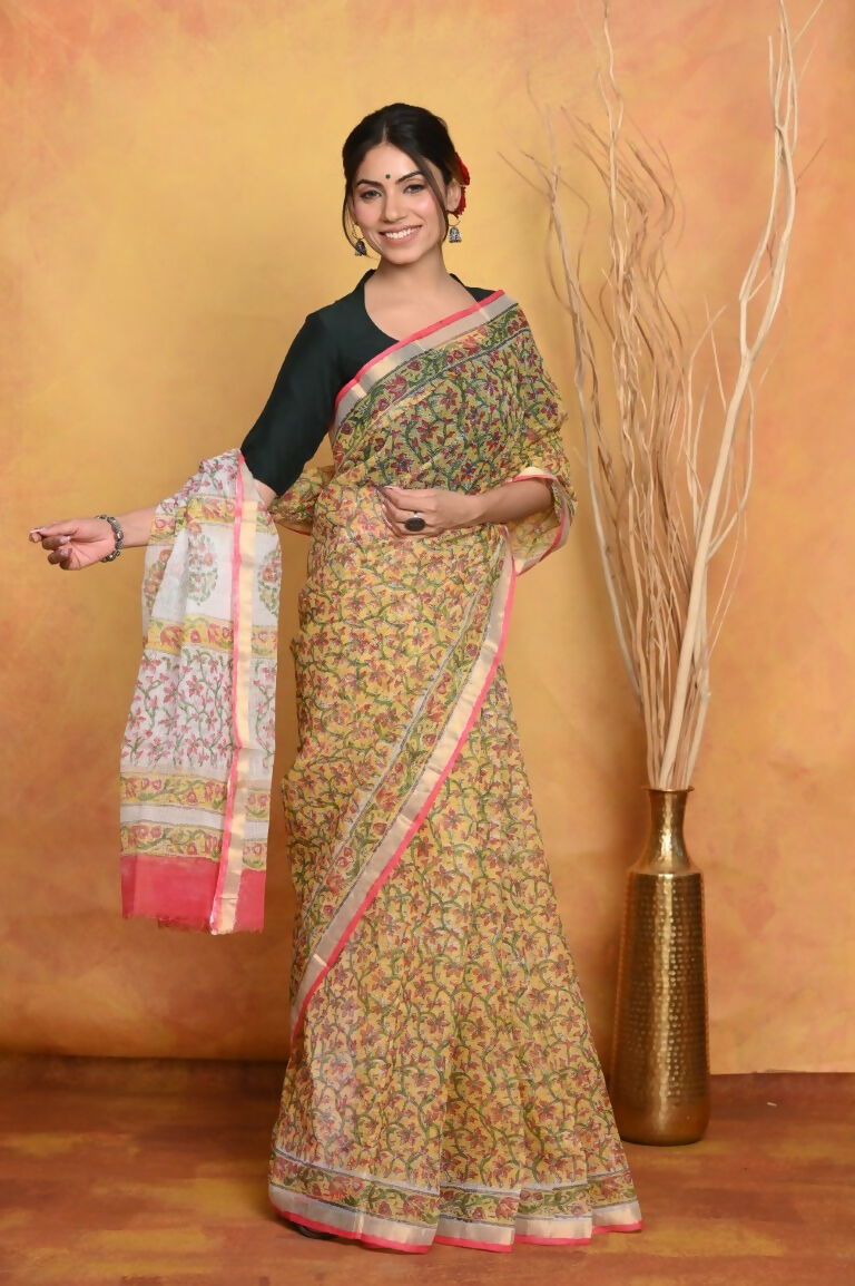 Very Much Indian Pure Kota Cotton Handblock Printed Saree - Yellow | Swadesiicart