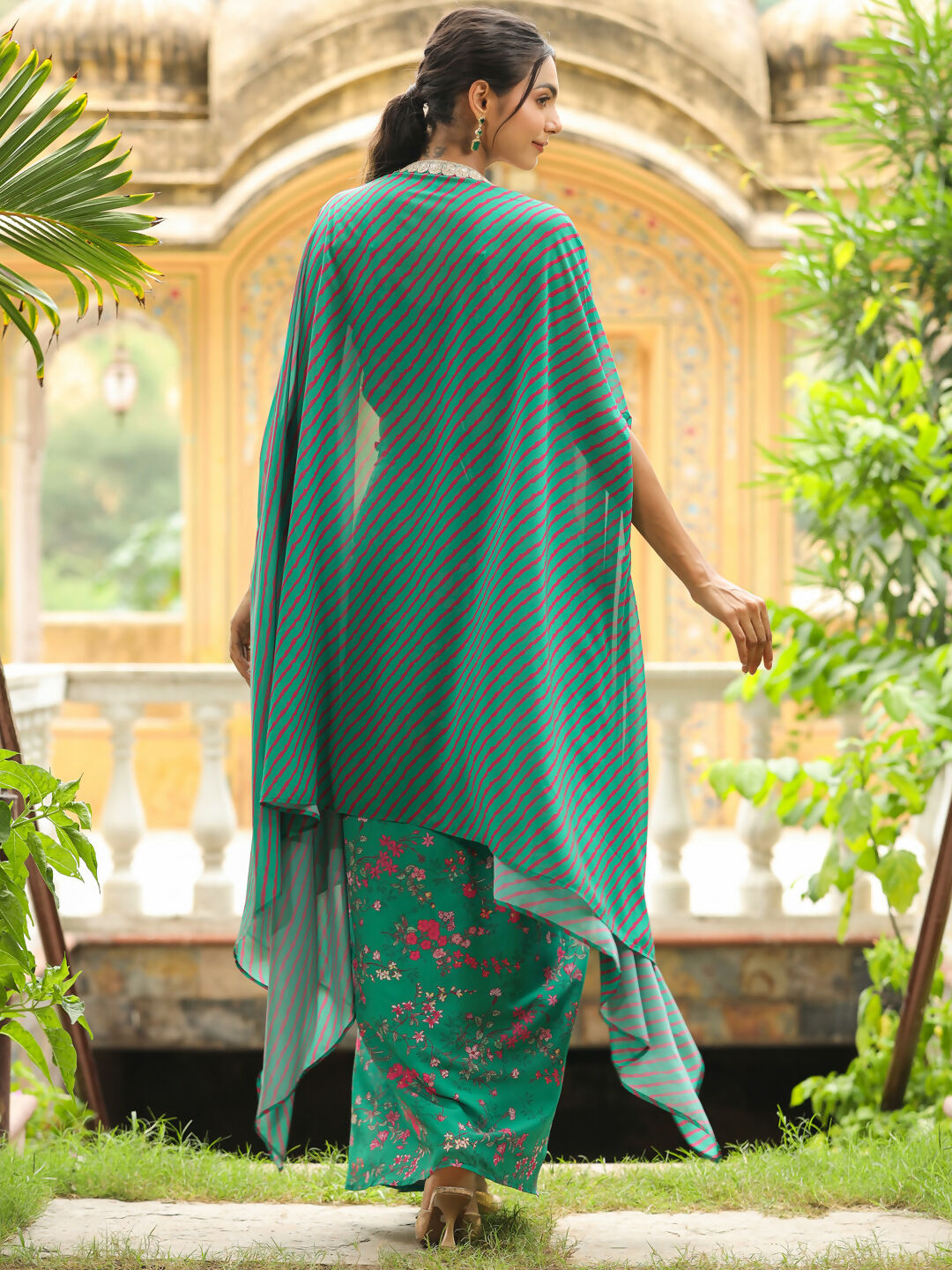 Janasya Green Georgette Floral Top Bottom Cape | Swadesiicart