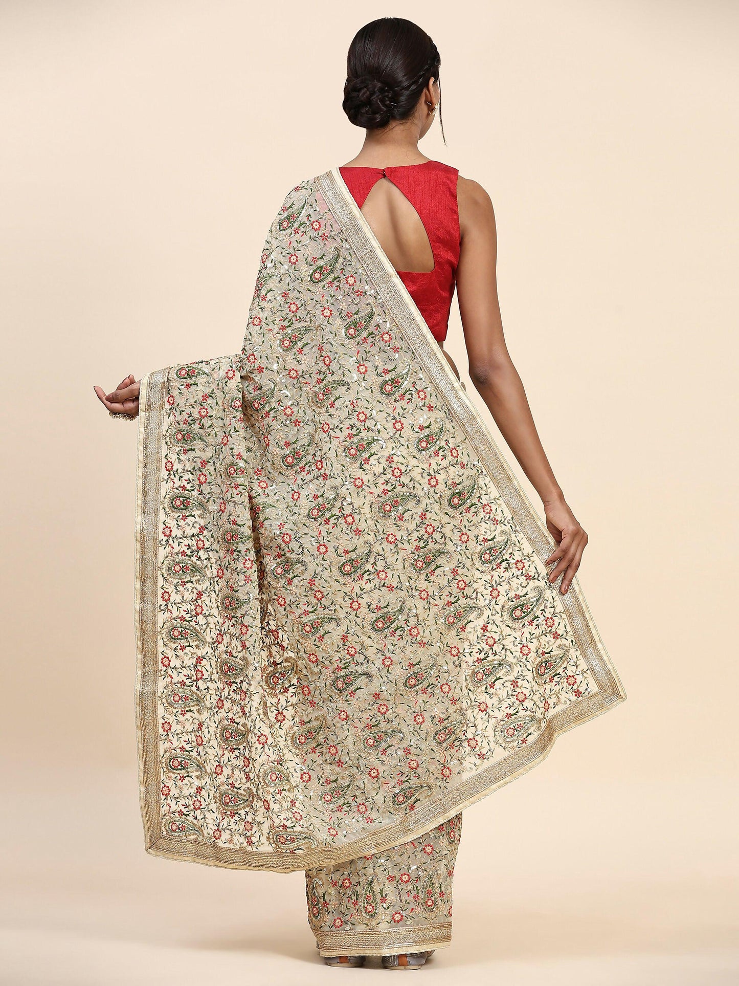 Vamsee Kamini Cream Georgette Saree - Swadesiicart