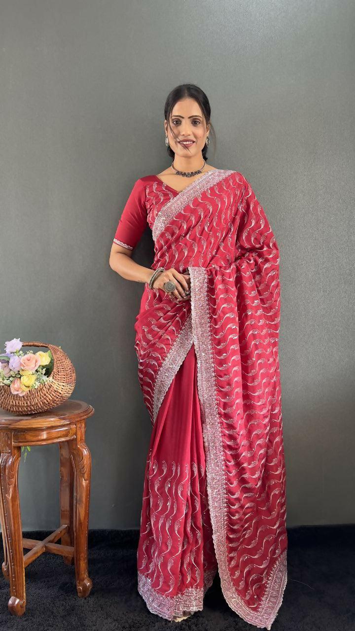 Vastranavya Pink Chinnon Silk Embroidery Multi Sequence & Arco Cut Work Ready to Wear Saree | Swadesiicart