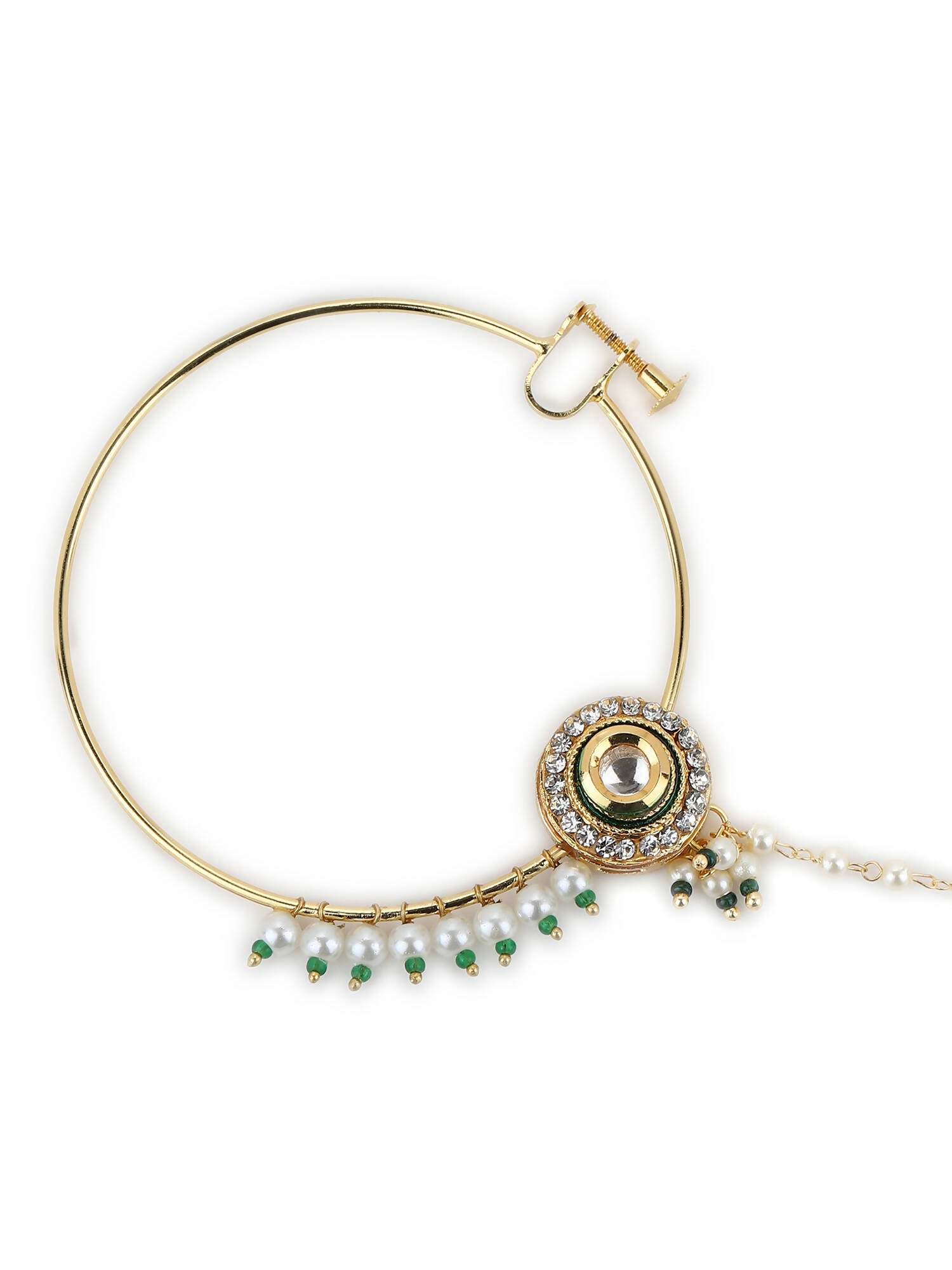 Gold-Polished White Green Kundan-Studded Pearl Beaded Nosepin - Ruby Raang | Swadesiicart