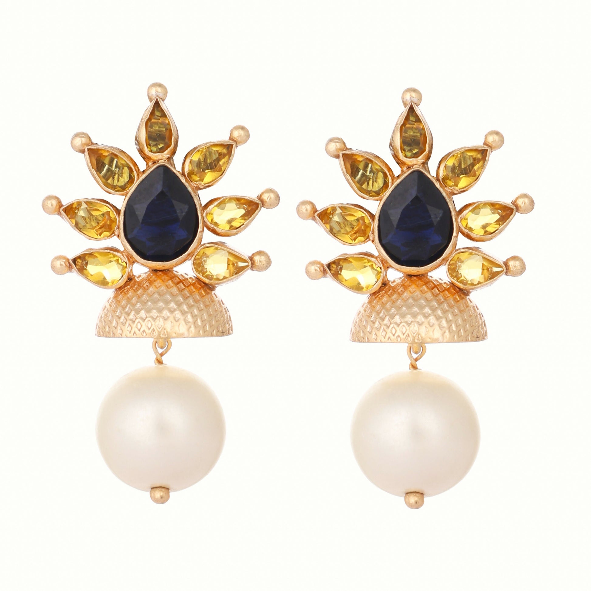 Nuyug 22K Gold Plated Pearl & Crystal Studded Contemporary Floral Stud Earrings | Swadesiicart