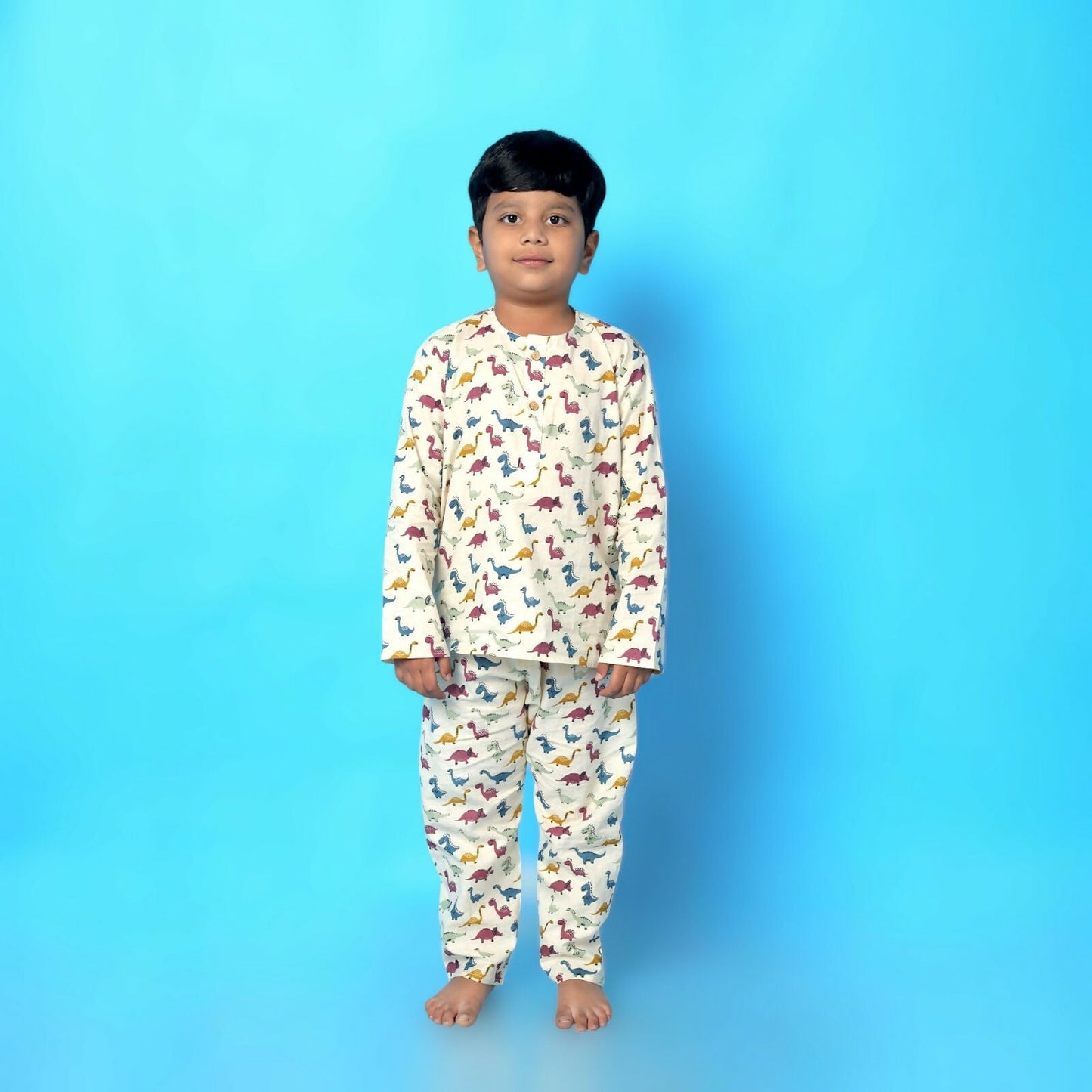 Breathables Kids Cotton Dinosaur Print Night Suit – Cream Full Sleeves Kurta & Pants Co-Ord Set | Boys & Girls Nightwear & Loungewear