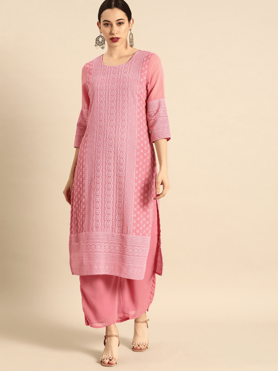 Anouk Women Pink Chikankari Embroidered Kurta with Palazzos | Swadesiicart
