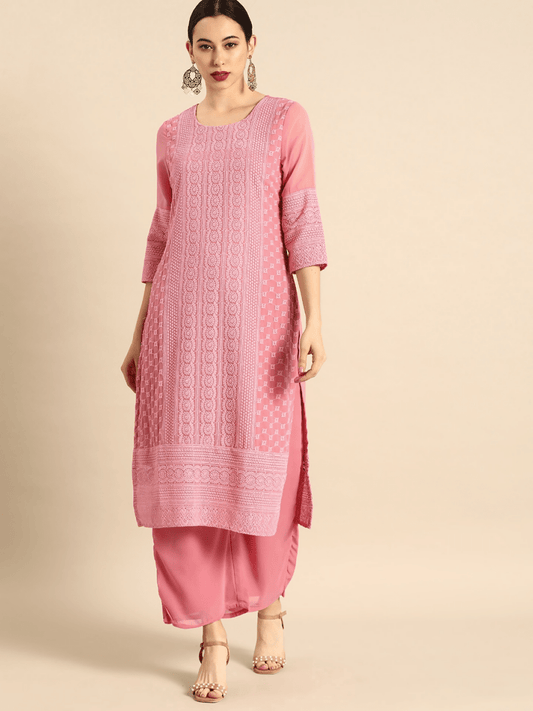 Anouk Women Pink Chikankari Embroidered Kurta with Palazzos | Swadesiicart