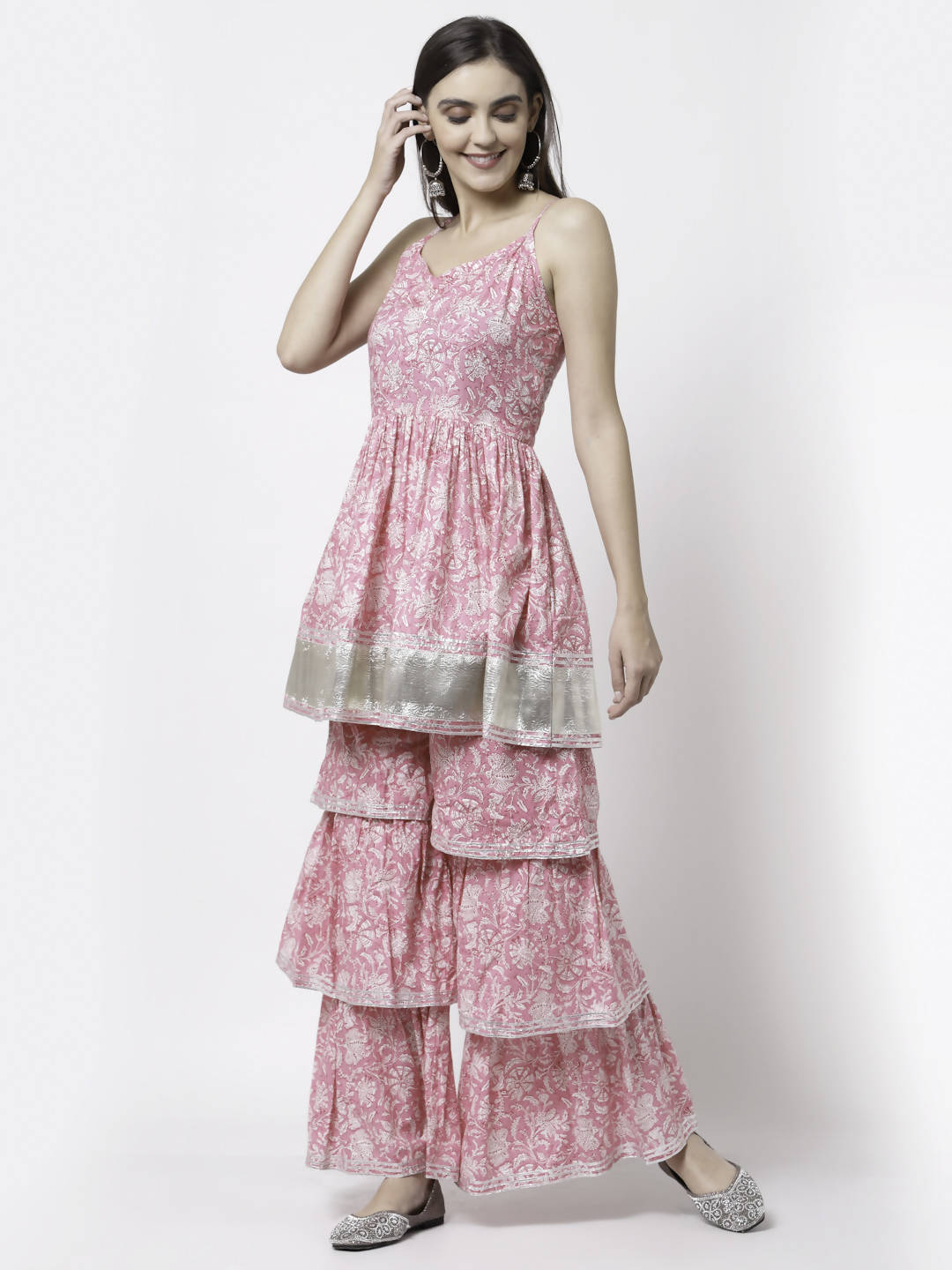 Myshka Women Pink Pure Cotton Printed Sleeveless Round Neck Kurta With Sharara & Dupatta Set | Swadesiicart