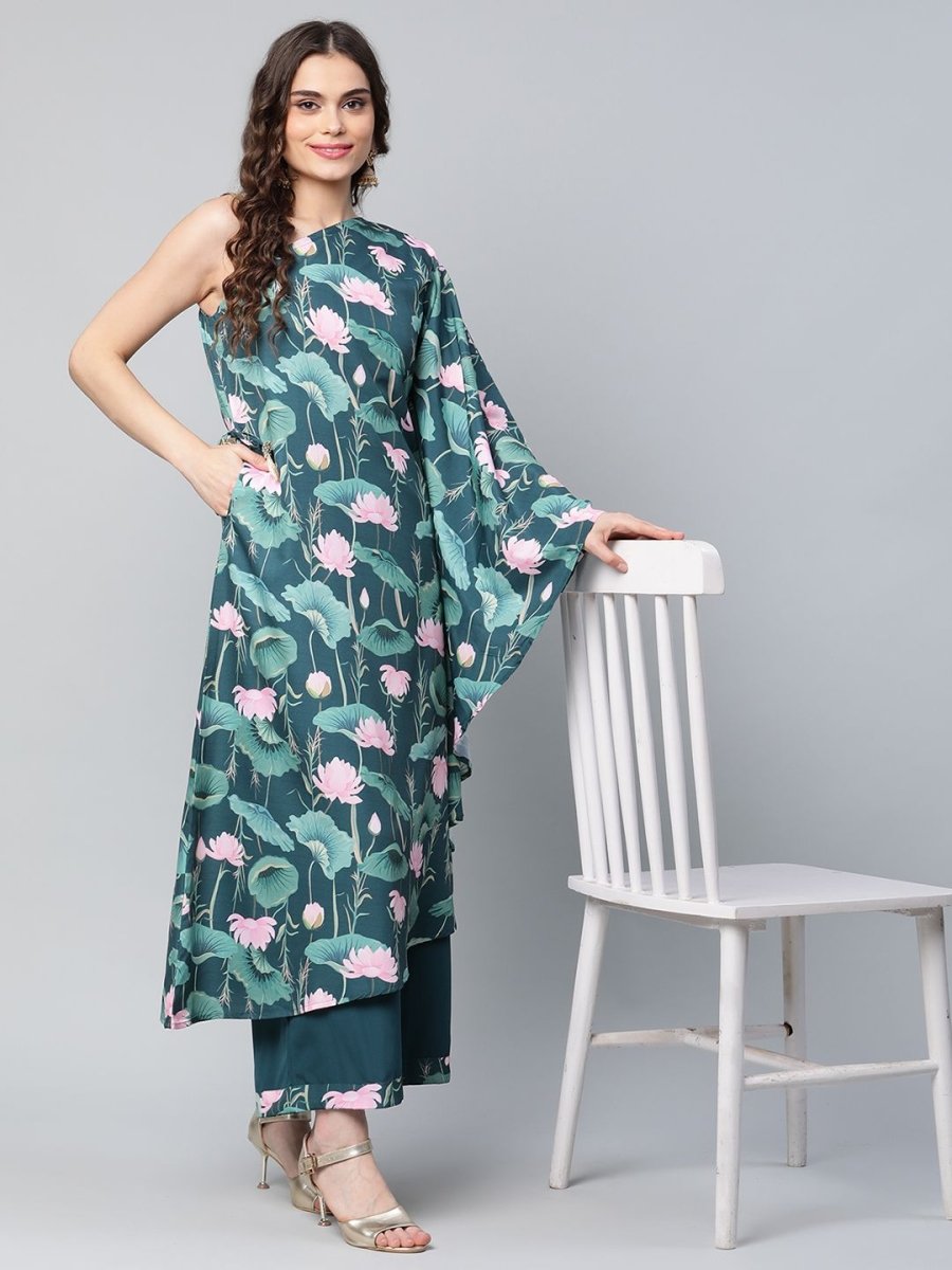 Ahalyaa Women Green Crepe Floral Printed Kurta with Palazzo Set | Swadesiicart