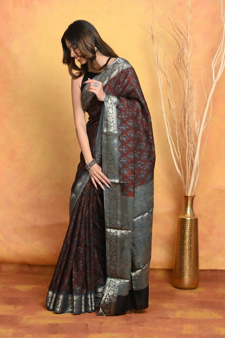 Very Much Indian Modal Silk Ajrakh Handblock Printed Natural Dyes With Designer Border Saree - Dark Maroon | Swadesiicart