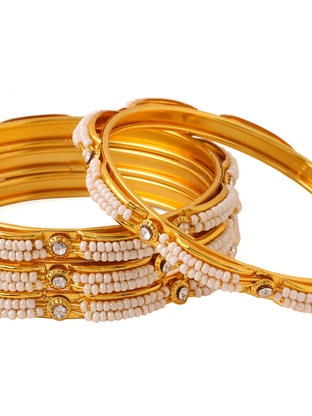 NVR Women's Set of 4 Gold-Polished Traditional Pearls Beaded Bangles - Swadesiicart
