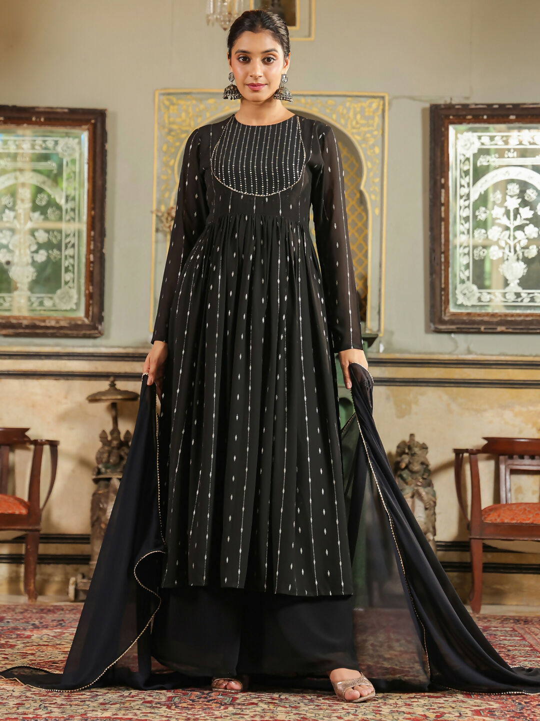 Janasya Black Georgette Foil Print Kurta,Bottom & Dupatta | Swadesiicart