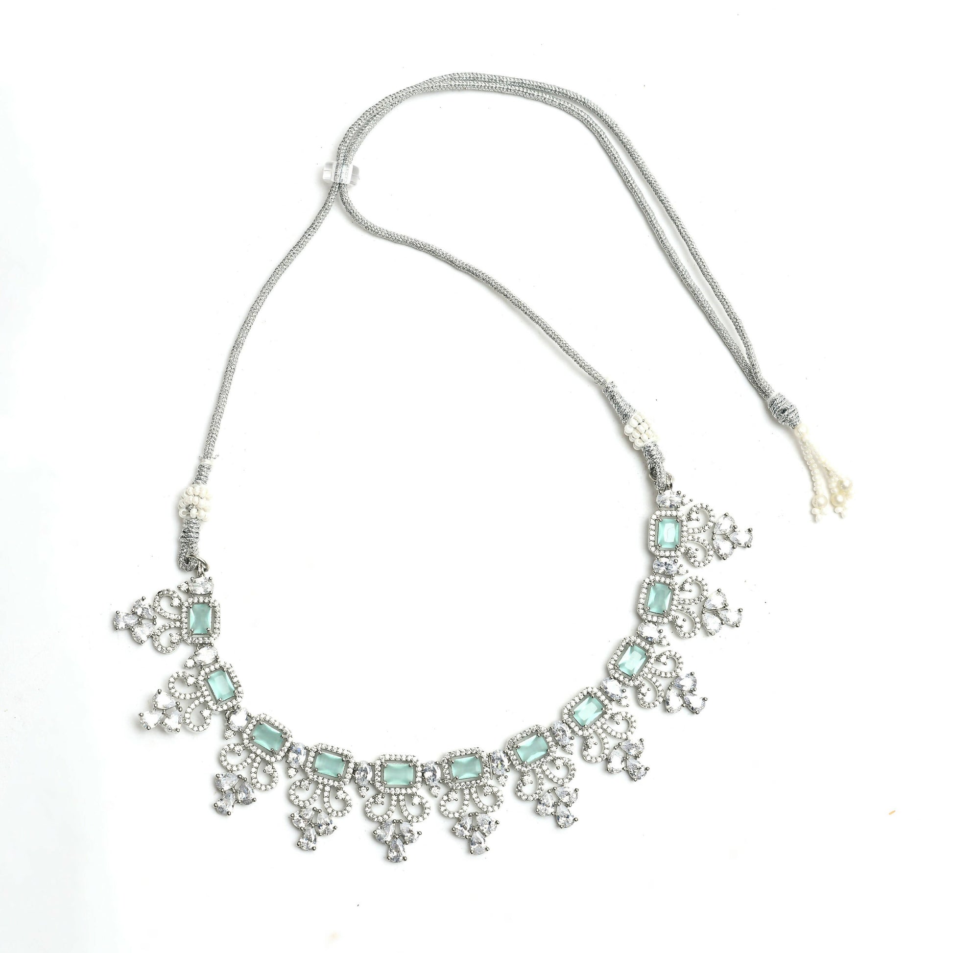 Mominos Fashion Johar Kamal Silver-Plated American Diamond Pista Green Choker Set | Swadesiicart