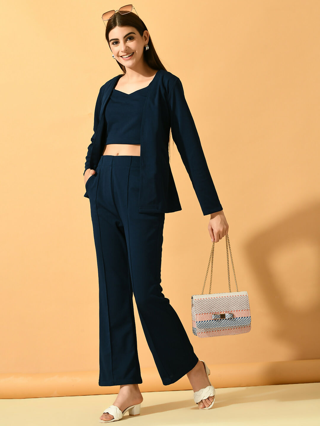 Myshka Women's Navy Blue Solid Coat With Trousers - Swadesiicart