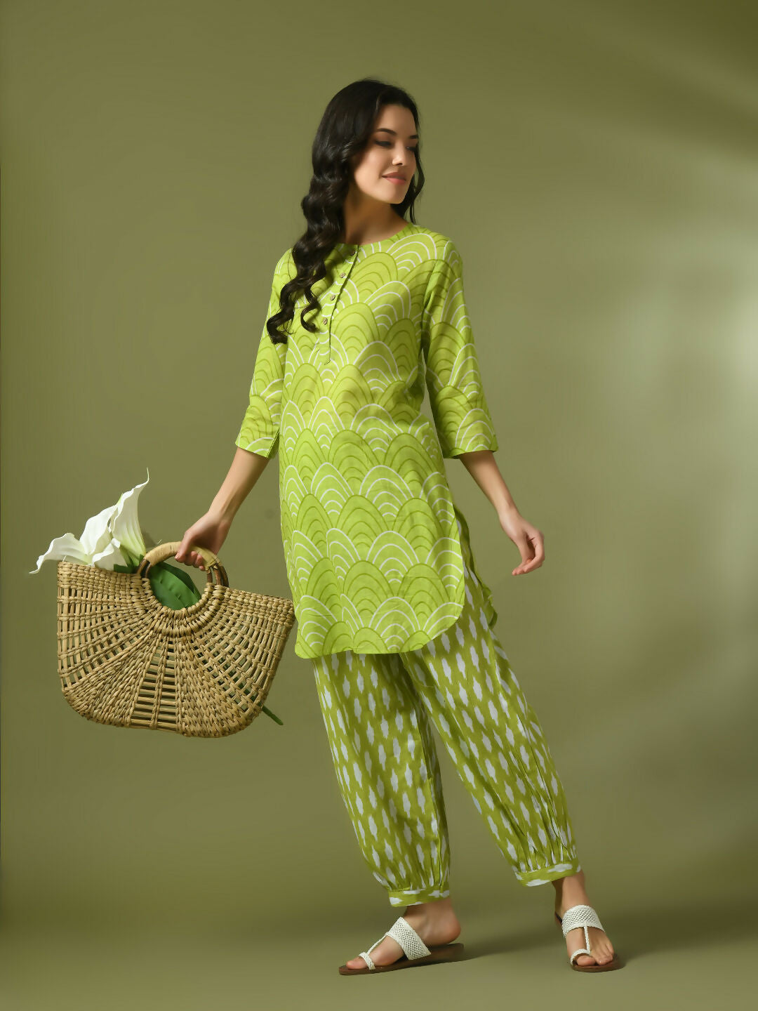 Myshka Women's Green Printed Cotton Round Neck Party Tunic With Trousers Co-ord set - Swadesiicart