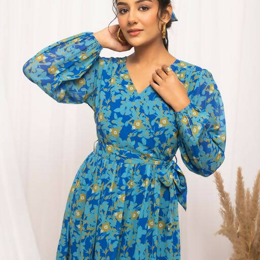 FIORRA Women's Navy Blue Georgette Floral Printed Western Dress - Swadesiicart
