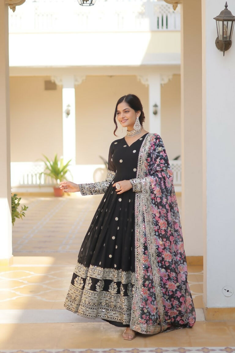 Jyoti Fashion Women's Black Faux Georgette Sequins Zari Embroideredy Anarkali Dress with Dupatta | Swadesiicart