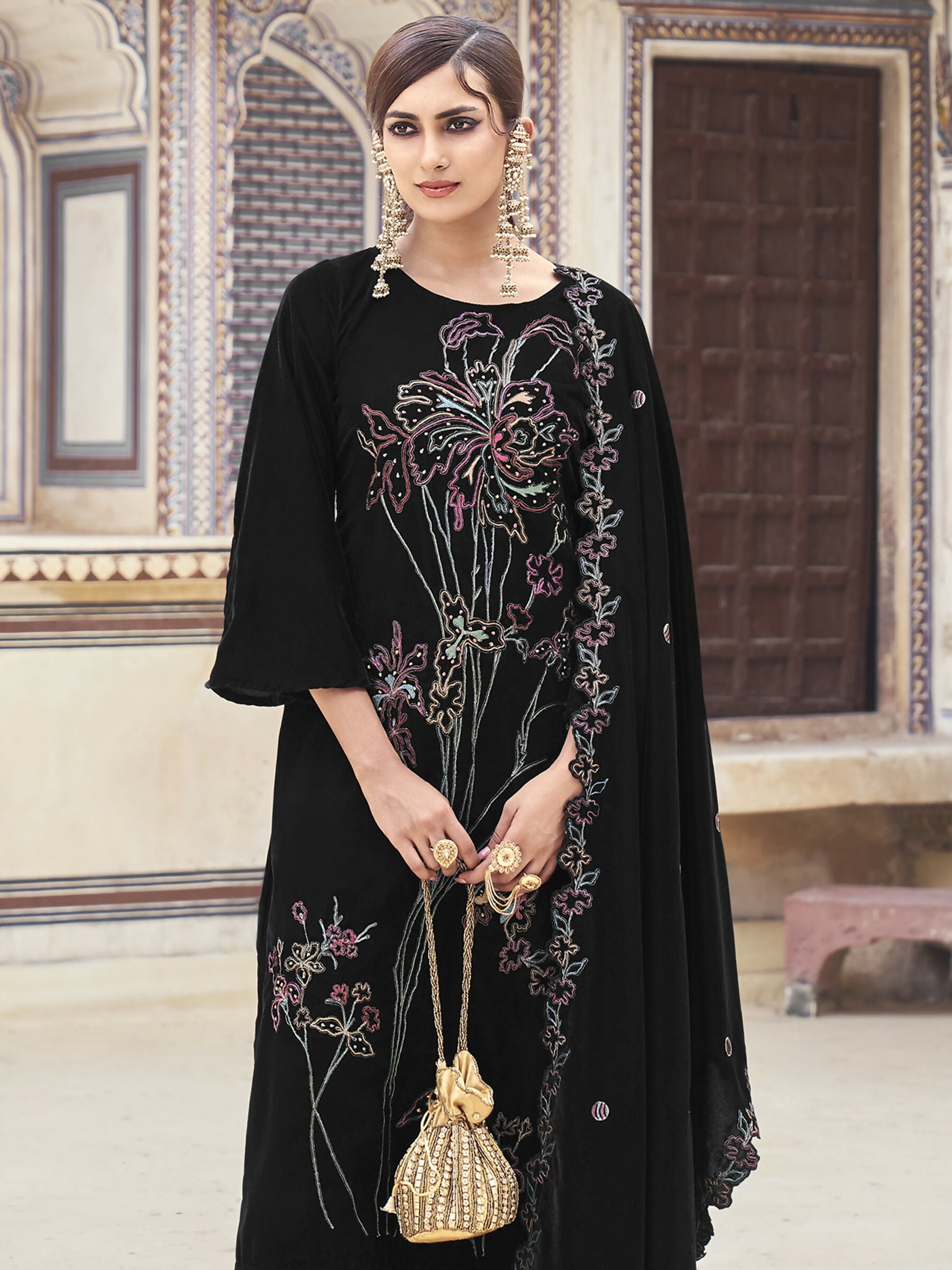 Jyoti Fashion Women's Black Velvet Resham Thread with Jari & Sequin Kurta with Trouser & Dupatta | Swadesiicart
