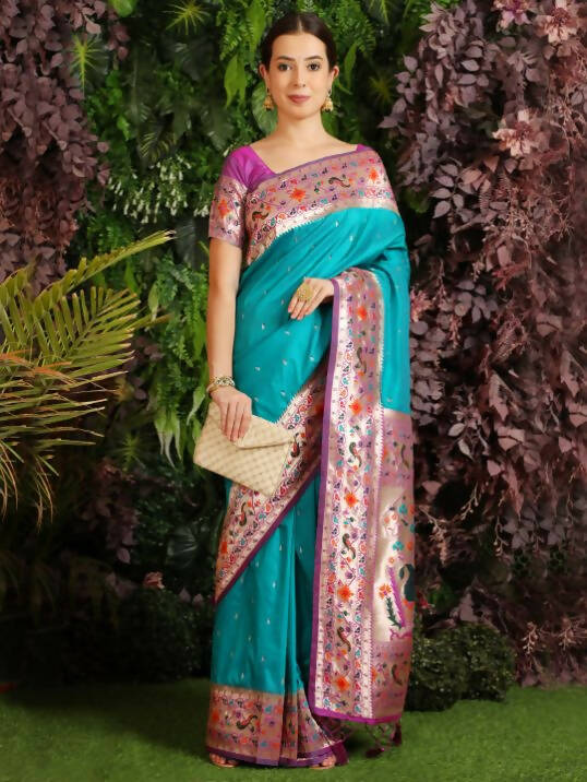Vishnu Weaves Women's Rama Paithani Silk Zari Woven Saree with Unstitched Blouse - Swadesiicart