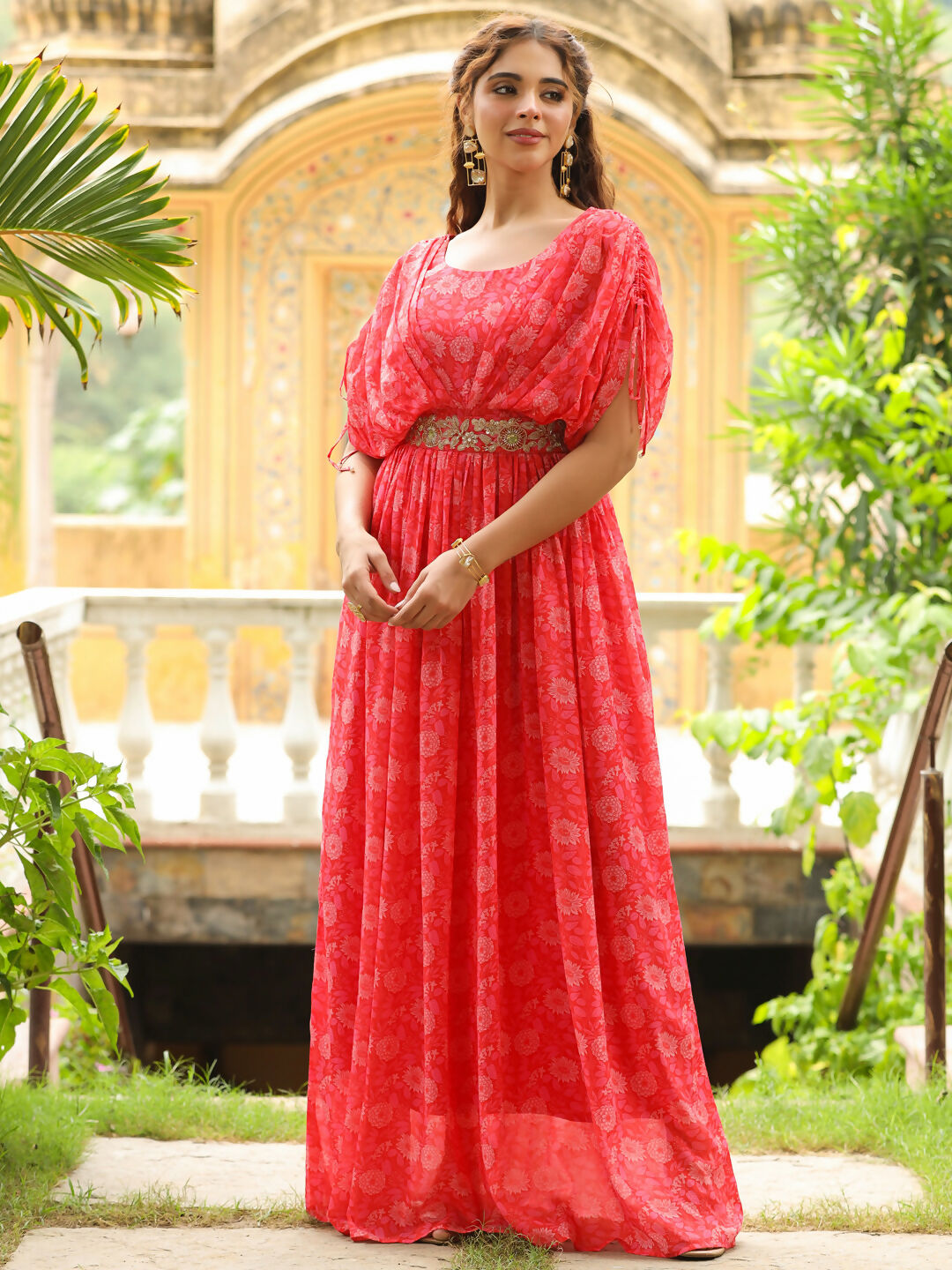 Janasya Pink Georgette Floral Gown | Swadesiicart