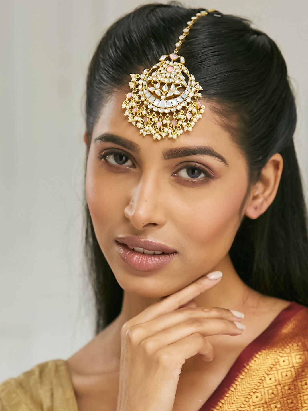 Nuyug 22K Gold-Plated Pearls & Pink Kundan Studded Statement Maang Tikka Head Jewellery | Swadesiicart