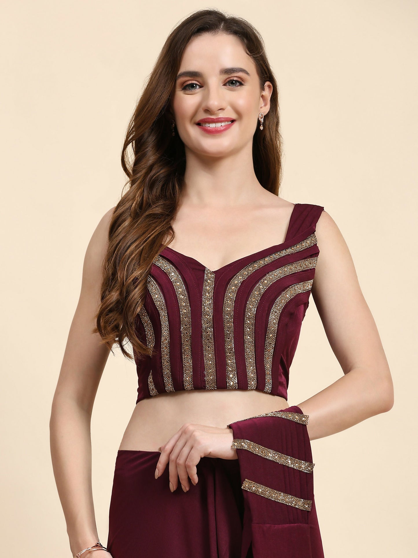 Maroon Polyester Solid Ready to Wear Saree with stitched Blouse - Nita | Swadesiicart