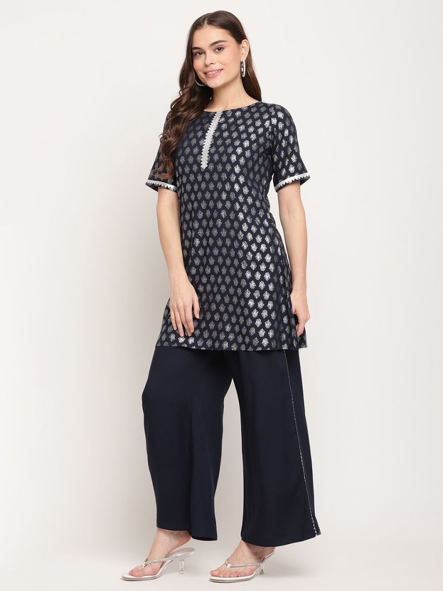 Ahalyaa Women's Blue Rayon Foil Print Top With Palazzo Set | Swadesiicart