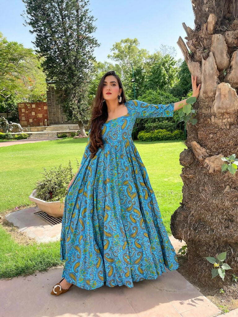 Jyoti Fashion Women's Turquoise Heavy Digital Printed Cotton Silk Anarkali Dress | Swadesiicart