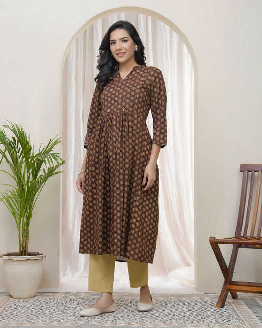 Vaasva Brown Boonta Cotton Printed Gathered Kurti With Pant - Swadesiicart