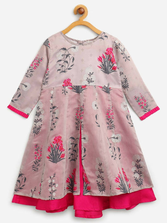 Ahalyaa Grey Chanderi Silk Pigment Print Kids Front Slit Kurta For Girls | Swadesiicart