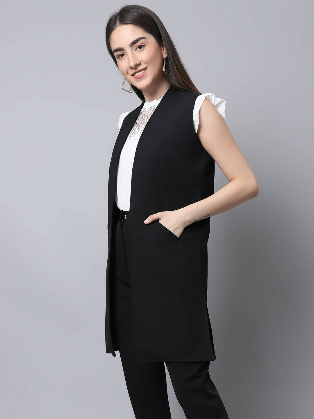 Even Apparels Black Polywool Open Front Women's Long Coat PW668 | Swadesiicart