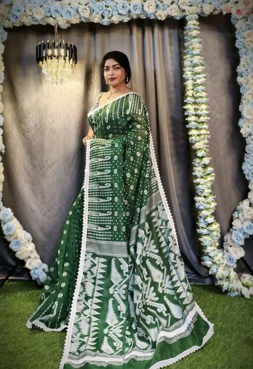 Exclusive Collection Beautiful Dark Green Jaal Jamdani Saree - Swadesiicart
