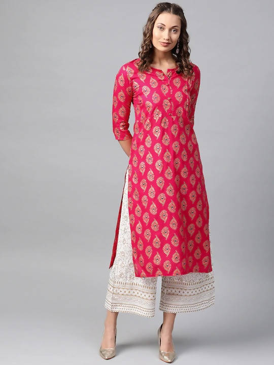 Indian Clothing Anubhutee Pink & Golden Printed Straight Kurta