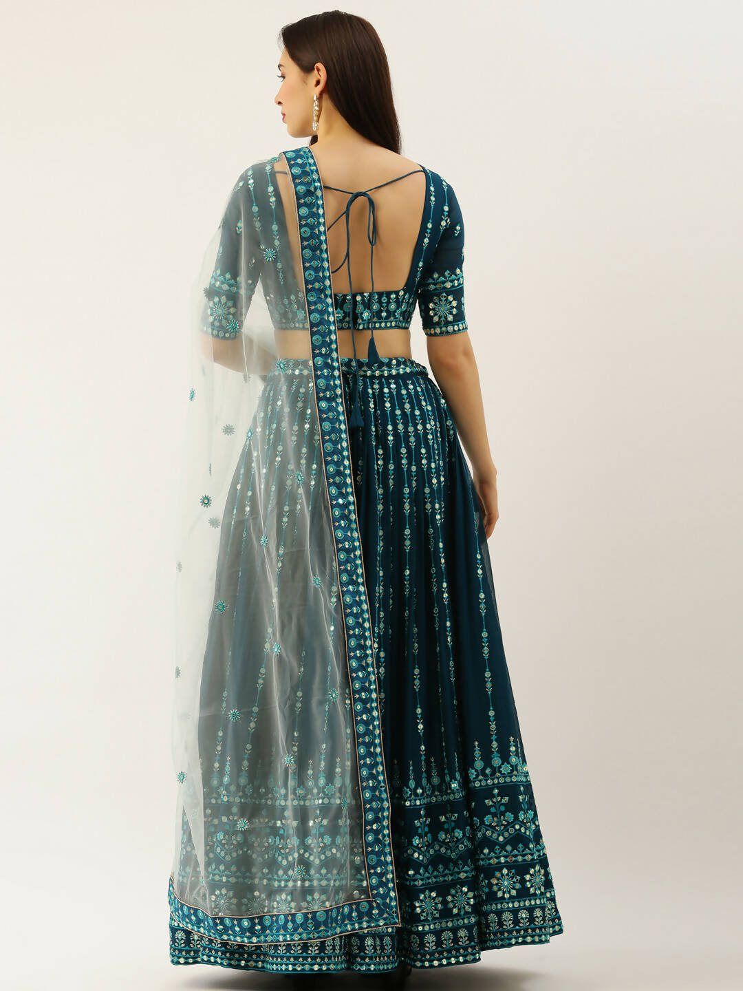 House of Panchhi Women Teal Georgette Sequins Work Lehenga & Blouse with Dupatta | Swadesiicart