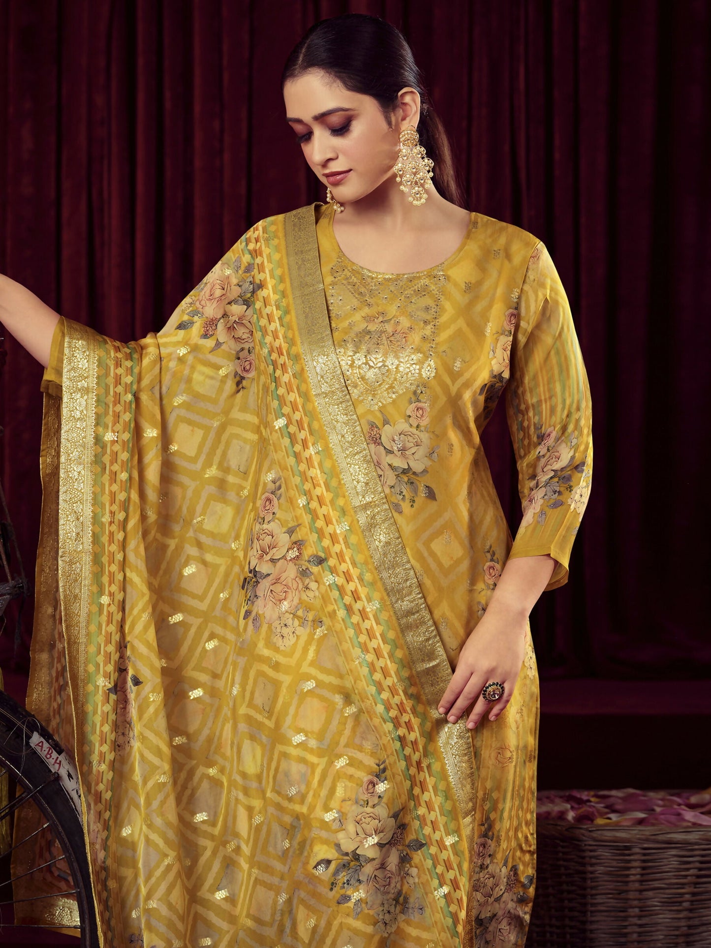Jyoti Fashion Women's Mustard Organza Jacquard Woven Kurta with Trouser & Dupatta | Swadesiicart