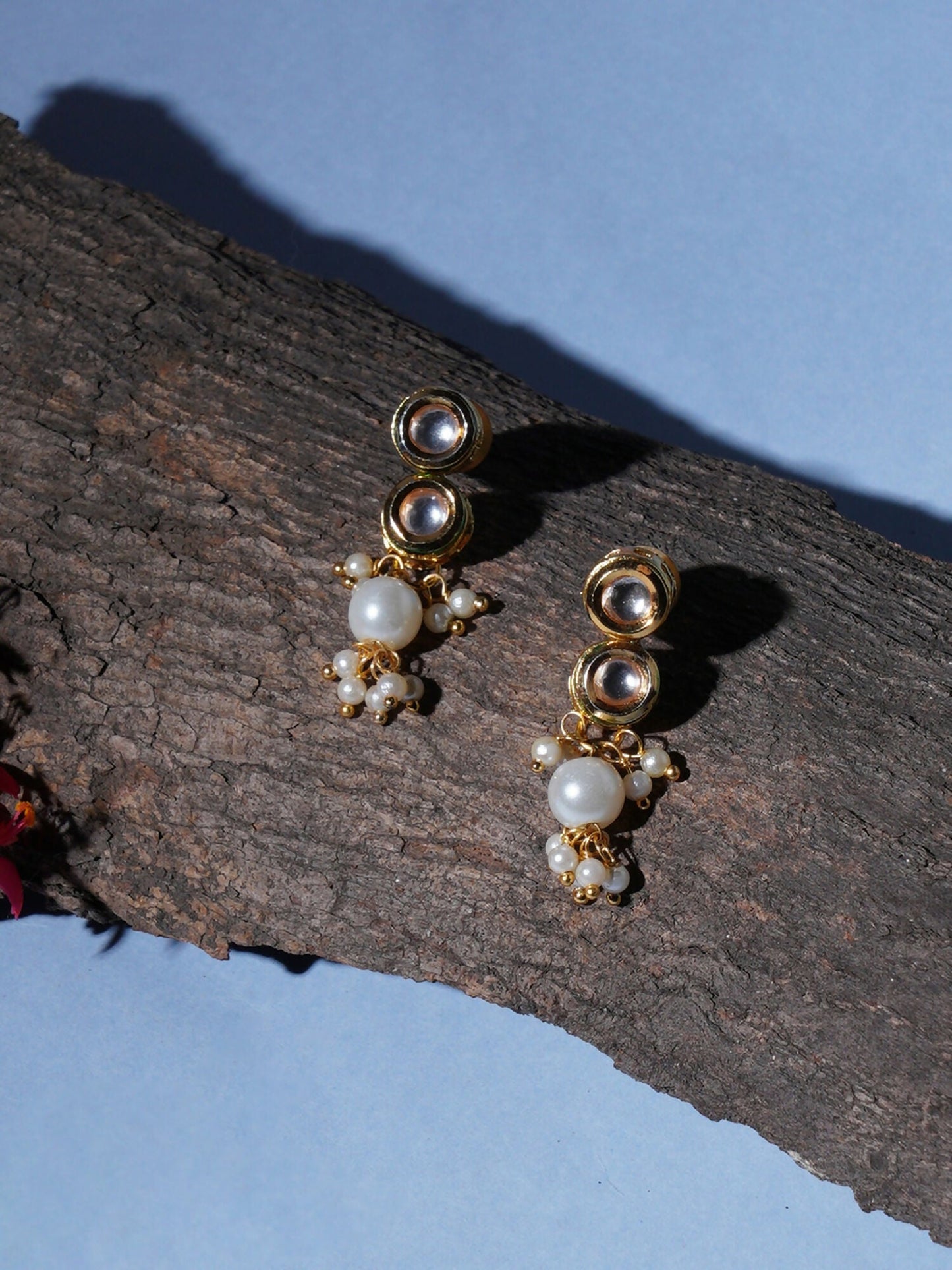 Kundan Earrings with Pearl Drops (Gold) - Ruby Raang - Swadesiicart