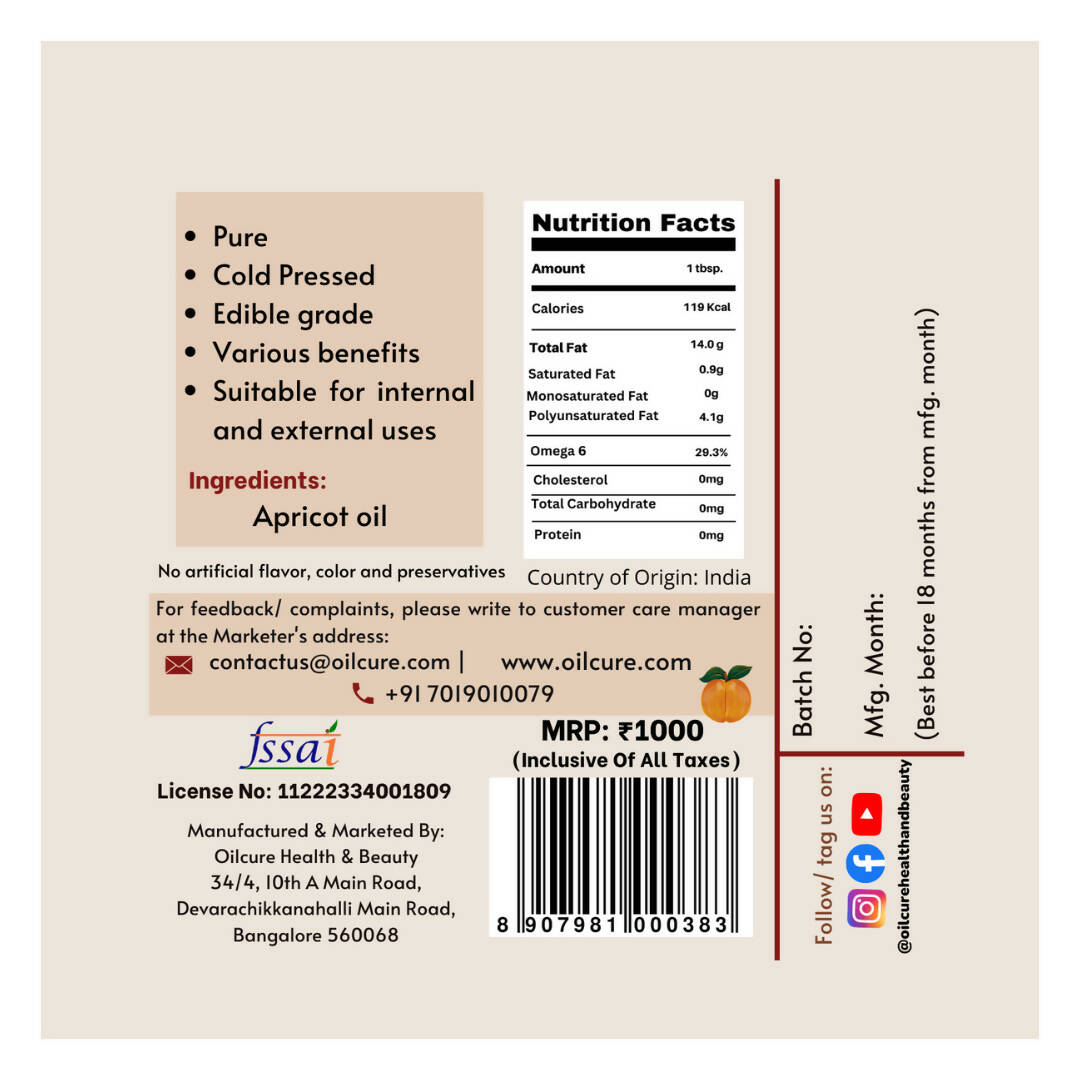 Oilcure Apricot Oil Cold Pressed - Swadesiicart