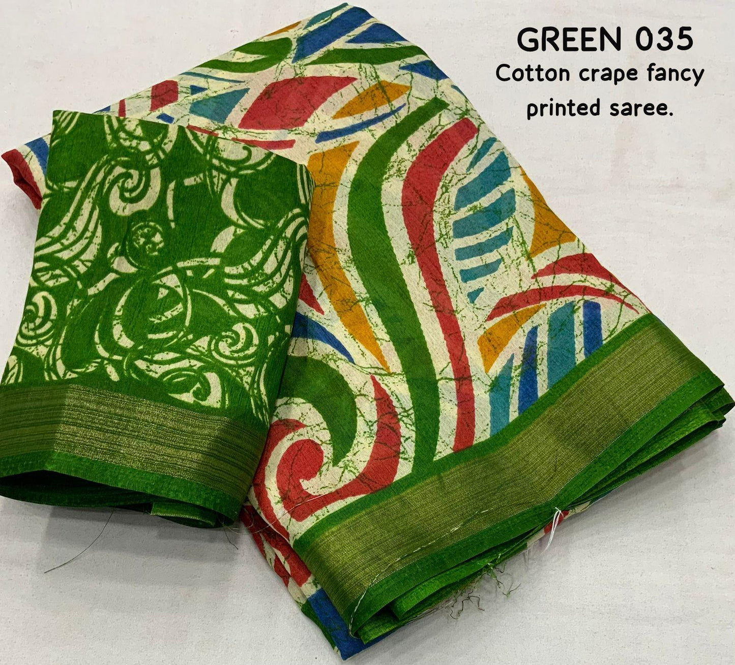 Green Cotton Crepe Batik Print Saree with Unstitched Blouse - Hiral Fashion | Swadesiicart