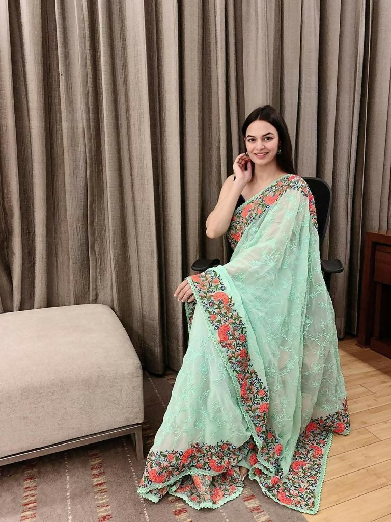 Vamsee Sandhya Sea Green Georgette Saree - Swadesiicart