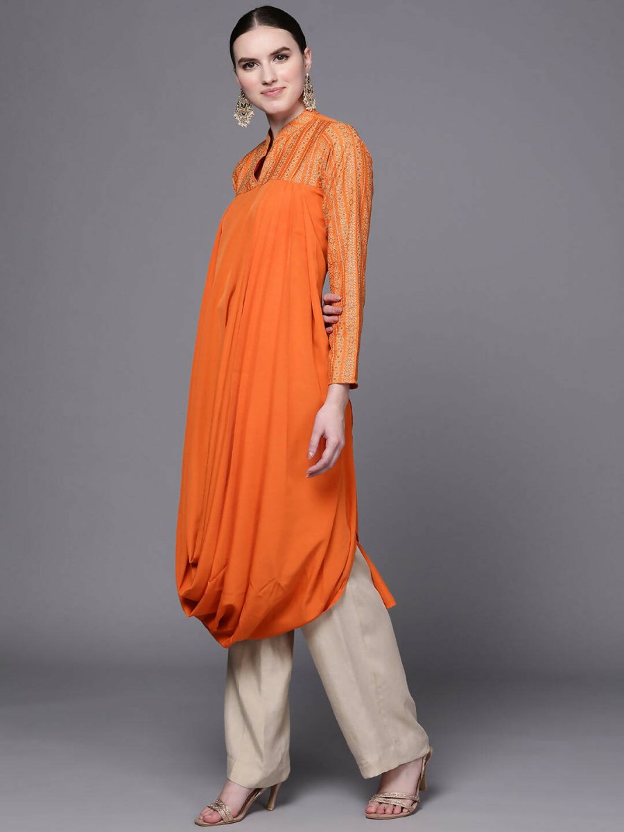 Ahalyaa Women Orange Ethnic Motifs Printed Crepe Cowl Kurta | Swadesiicart