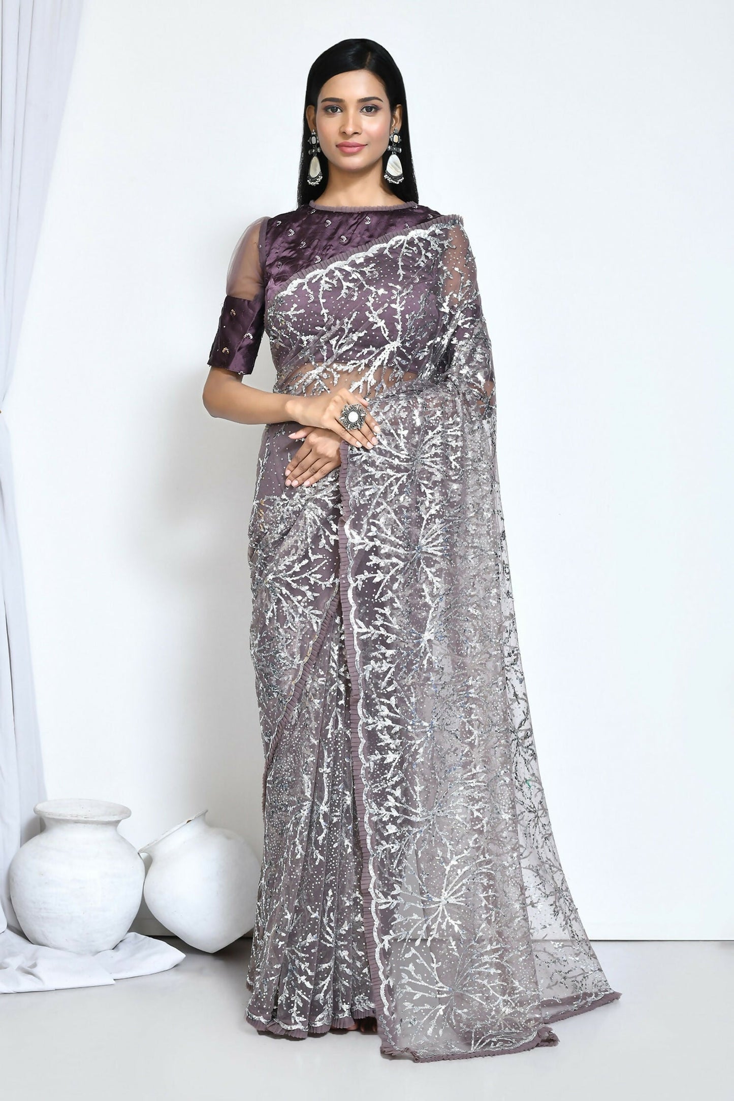 Brown Net Sequence Embroidered Festive Saree - Nimaya Denzy
