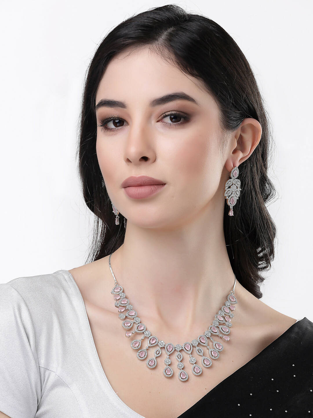 NVR Women Silver Plated & Pink Cz Stone Handcrafted Jewellery Set - Swadesiicart