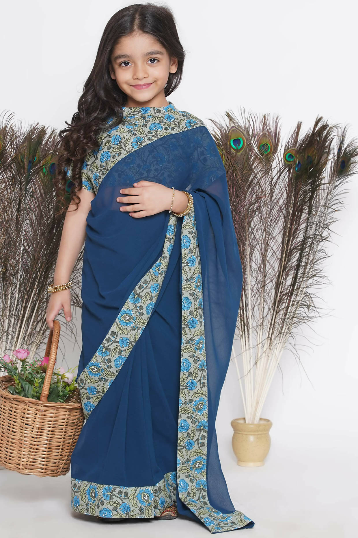 Little Bansi Floral Print Ready To Wear Saree And Floral Blouse - Blue | Swadesiicart