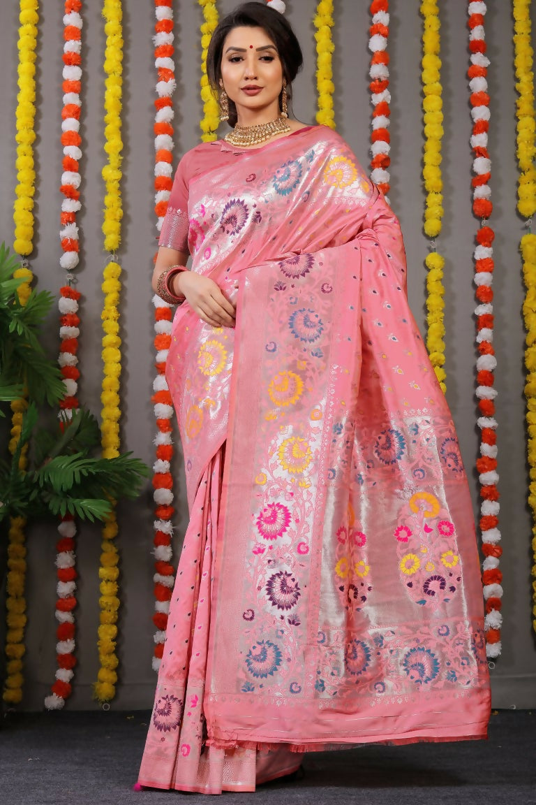 Jyoti Fashion Women's Baby Pink Banarasi Silk Zari Woven Saree with Blouse | Swadesiicart