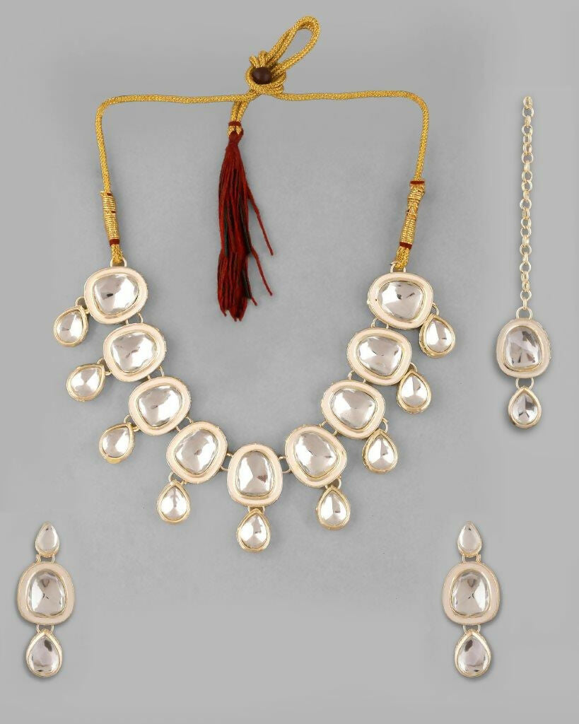 VOJ Kundan Studded Silver Plated White Color Jewellery Set with MaangTikka - Swadesiicart