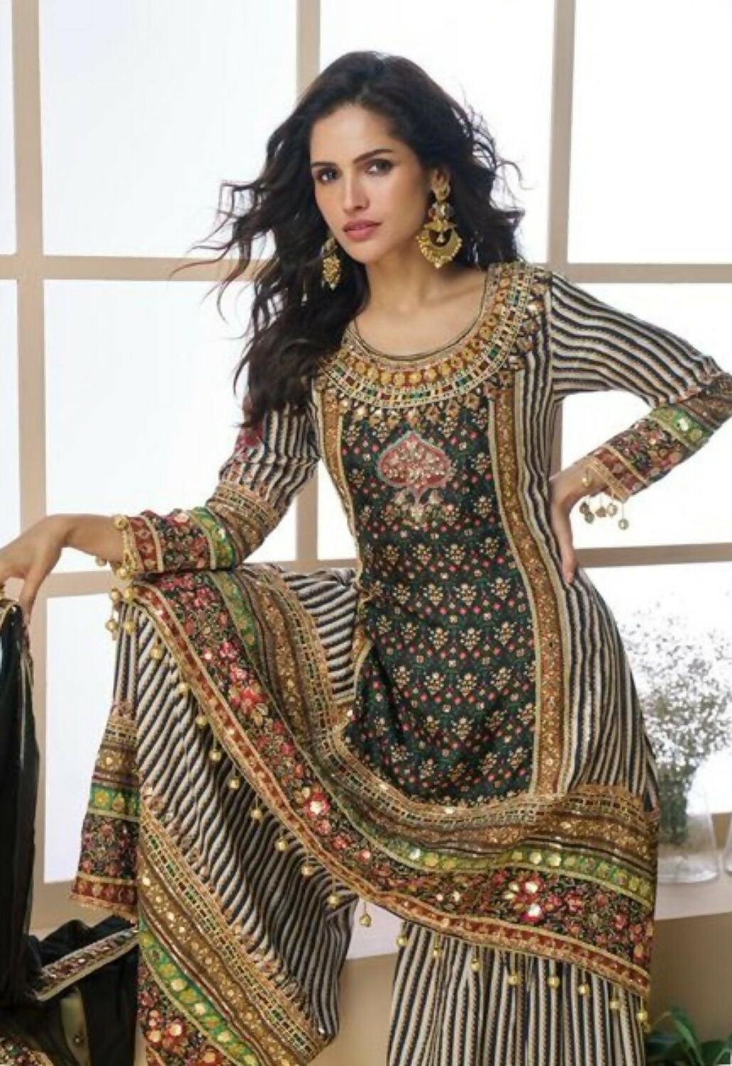 Anaita Black Heavy Crepe Silk Ready Made Suit with Multi Digital Printed & Aari Work