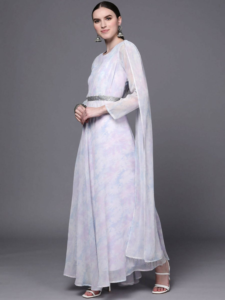 Ahalyaa Women Blue & White Floral Fit & Flare Maxi Ethnic Dress | Swadesiicart