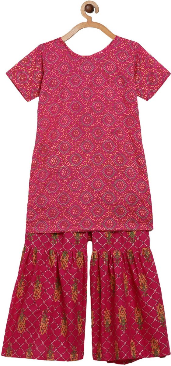 Ahalyaa Magenta Cotton Printed Kids Kurta Sharara Set With Dupatta For Girls | Swadesiicart