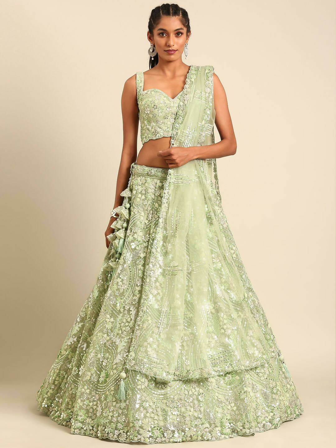 House of Panchhi Lime Green Net Sequins and Zarkan embroidery Lehenga choli & Dupatta | Swadesiicart