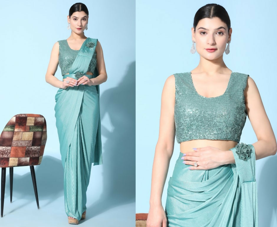 Sea Green Imported Crush Lycra Texture Pattern Ready to Wear Saree with stitched Blouse - Nirvana | Swadesiicart