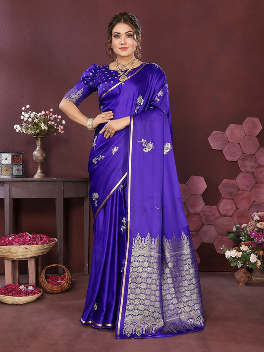 Joban Fashion Indigo Blue Floral Banarasi Silk Sarees | Swadesiicart