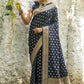 Vishnu Weaves Women's Navy Blue Banarasi Silk Zari Woven Saree with Unstitched Blouse - Swadesiicart